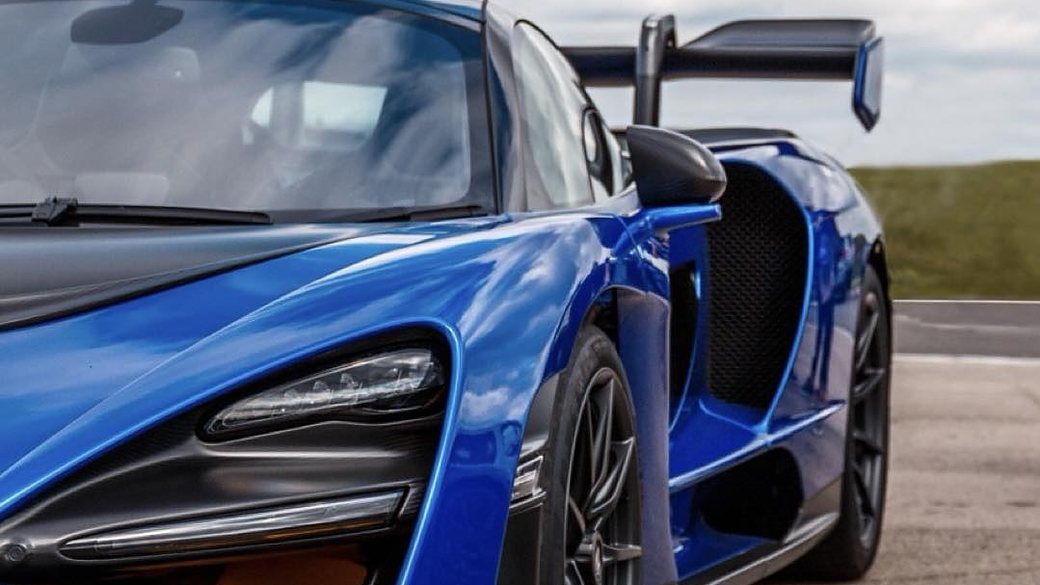 Blue McLaren Senna, front three-quarter detail