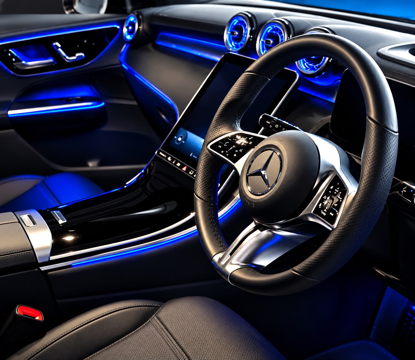 Car interior detailed to a deluxe finish, ambient-lit cabin