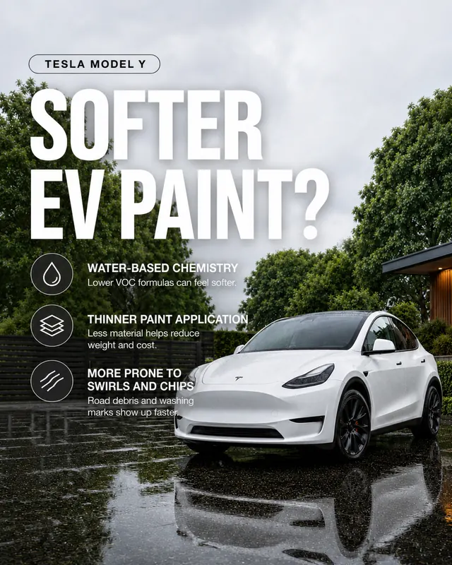 Tesla Model Y - Softer EV paint: water-based chemistry, thinner application, more prone to swirls and chips